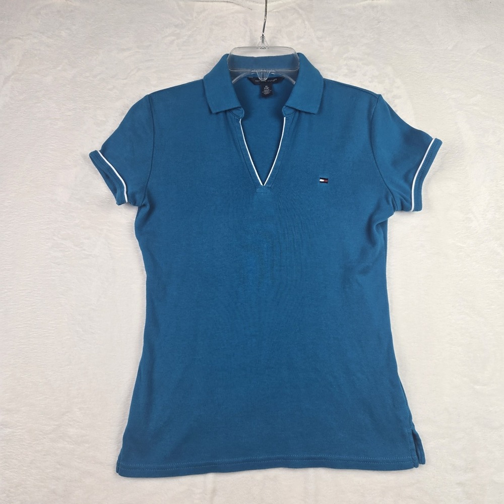 Tommy Hilfiger Women's Blue Golf Shirt XS Collared White Piping Buttonless‎
